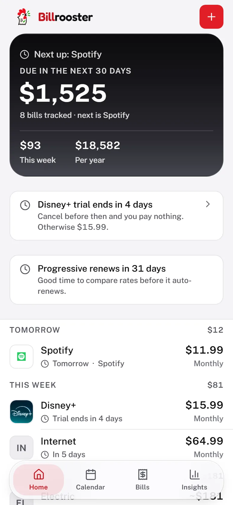 Billrooster showing bills grouped by when they are due